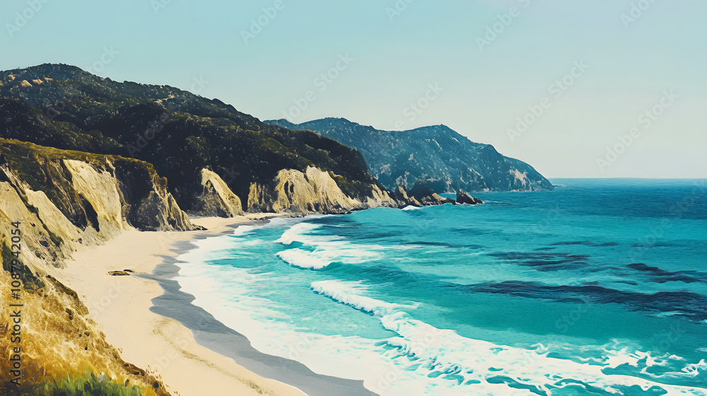Fototapeta premium Serene Aquatic Awe: Turquoise Waves Rolling on a Beach with Lush Cliffs
