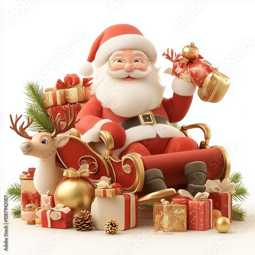 Santa Claus in Sleigh with Reindeer   Gifts   Christmas Illustration