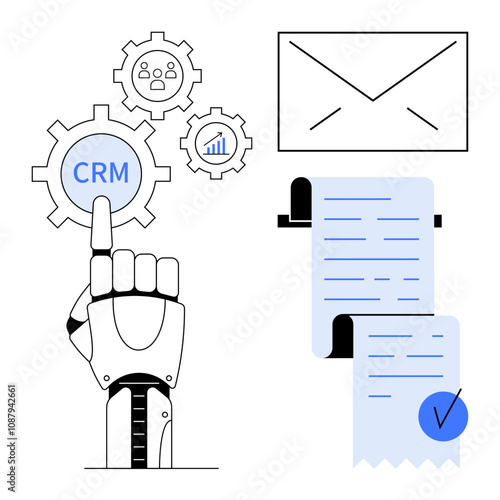 Robotic hand touches CRM gear and icons including email and checklists. Ideal for automation, business management, CRM systems, technology, and efficiency. Minimalist, clean, futuristic