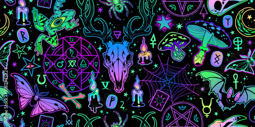 Bright seamless pattern with witchcraft elements