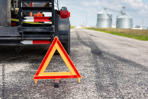 Fényképezés Work trailer on side of road with warning triangle