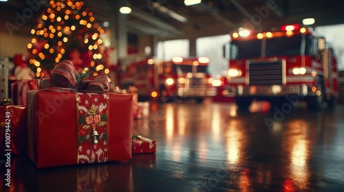 Holiday celebration with gifts near fire engine station photo