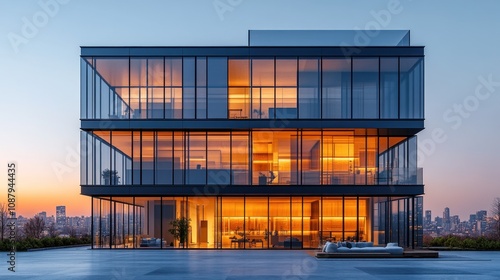 Modern glass office building at dusk.