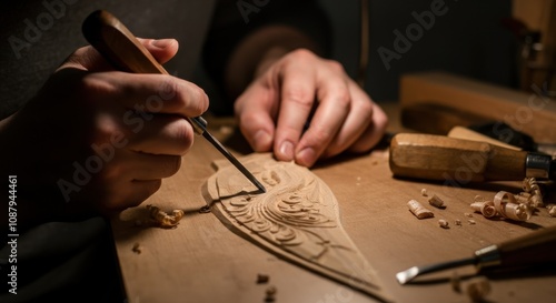 Hands carefully carving intricate wood design using tools photo