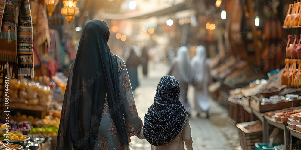 Fototapeta premium Mother and Daughter Stroll Through a Bustling Middle Eastern Market, Surrounded by Vivid Colors and Aromatic Spices.