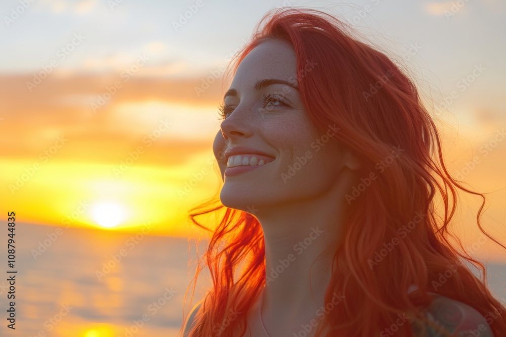 Woman enjoying a sunset by the ocean with a joyful expression Woman enjoying a sunset by the ocean with a joyful expression