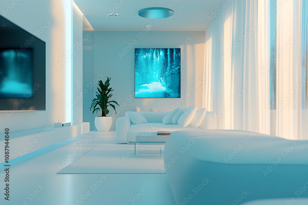 Serene Living Room with Aquatic Awe Color Palette: Bioluminescent Touches for Tranquility Serene Living Room with Aquatic Awe Color Palette: Bioluminescent Touches for Tranquility