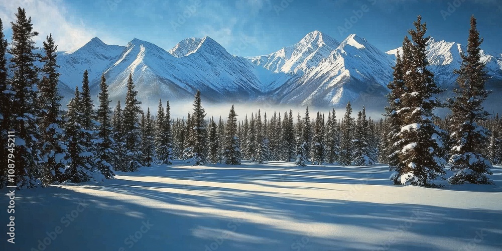 Fototapeta premium Snowy winter forest with towering mountains and shadows cast by pine trees under a bright blue sky