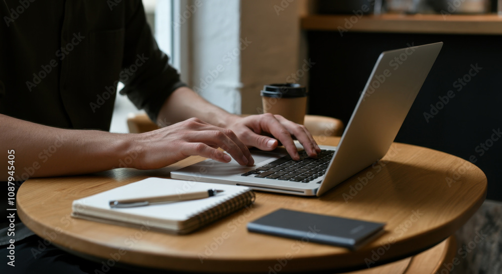 Person typing on laptop beside notebooks and coffee Person typing on laptop beside notebooks and coffee