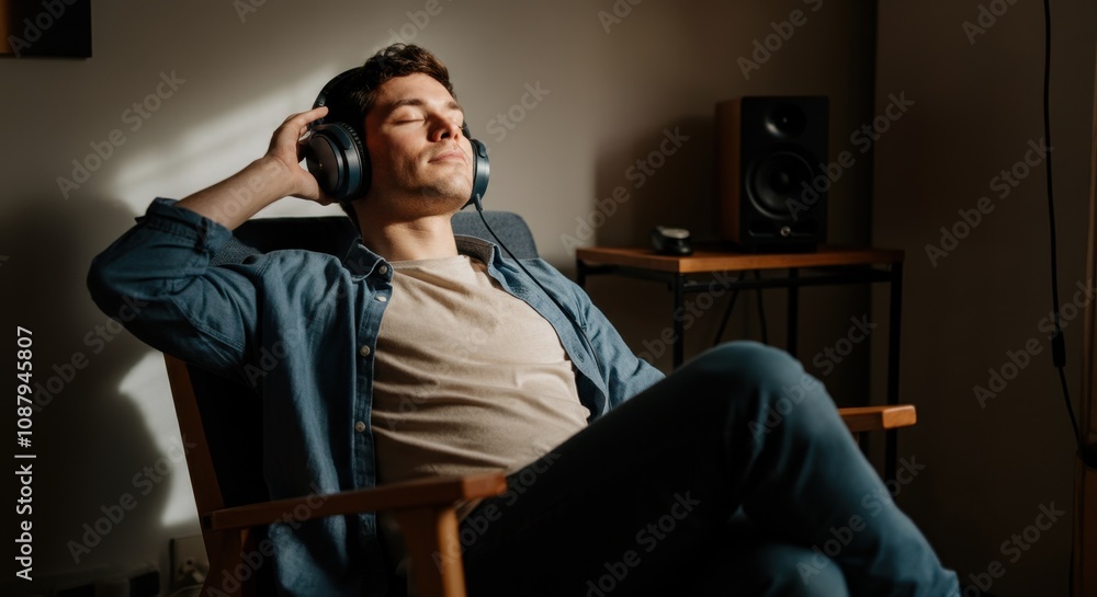 Fototapeta premium Young man in casual attire enjoying music on headphones, relaxing chair