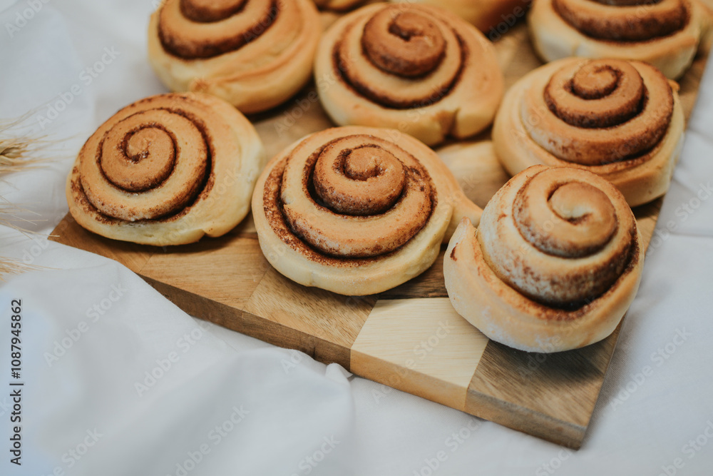 Fototapeta premium Fresh cinnamon on a wooden tray before applying buttercream on a white cloth background