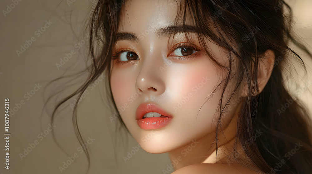 Close-up Portrait of a Woman with Long Dark Hair, Soft Makeup, and a Delicate Smile, Bathed in Warm Sunlight, Capturing a Moment of Calm Serenity, Beauty Portrait Photography Close-up Portrait of a Woman with Long Dark Hair, Soft Makeup, and a Delicate Smile, Bathed in Warm Sunlight, Capturing a Moment of Calm Serenity, Beauty Portrait Photography