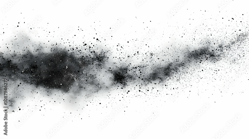 Abstract Black and White Splashes of Ink Creating a Dynamic Composition with Dense Clusters of Particles and Fine Dust, Against a Clean White Background. Abstract Black and White Splashes of Ink Creating a Dynamic Composition with Dense Clusters of Particles and Fine Dust, Against a Clean White Background.