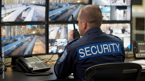 A man in a blue security uniform is sitting at a desk with a phone in front of him