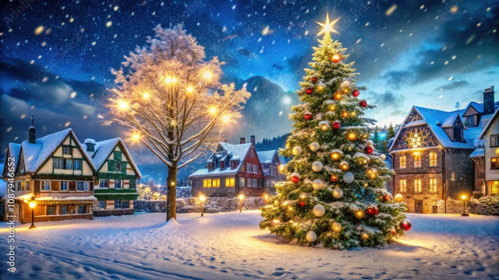 Snowy Christmas Tree with Sparkling Lights in Winter Wonderland, Festive Holiday Decor, Cozy Atmosphere, Falling Snow, Architectural Marvels, Seasonal Celebrations, Magical Scene Snowy Christmas Tree with Sparkling Lights in Winter Wonderland, Festive Holiday Decor, Cozy Atmosphere, Falling Snow, Architectural Marvels, Seasonal Celebrations, Magical Scene