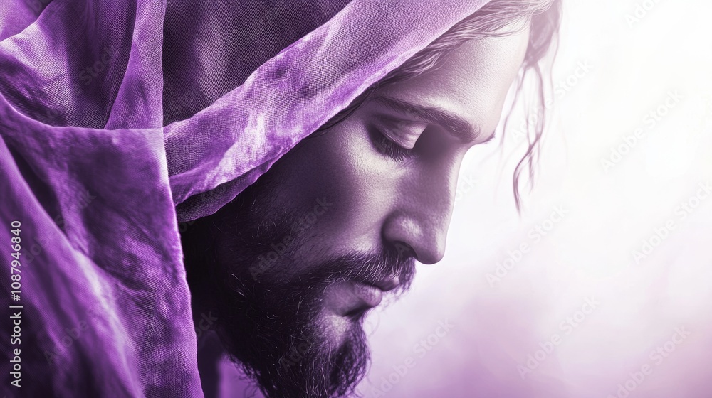 Jesus in profile with his eyes closed and a purple tunic on Jesus in profile with his eyes closed and a purple tunic on