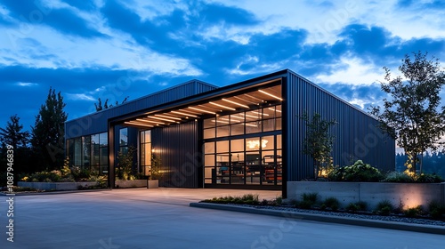 Exterior a modern warehouse with a small attached office unit, blending functional design with contemporary architecture.