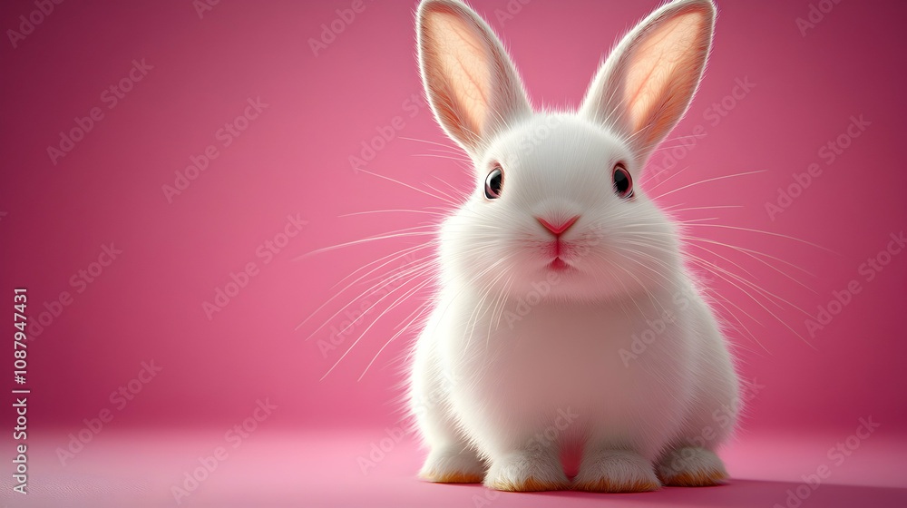 A 3D Rendered Fluffy White Bunny with Pink Nose Sits on a Pink Background A 3D Rendered Fluffy White Bunny with Pink Nose Sits on a Pink Background