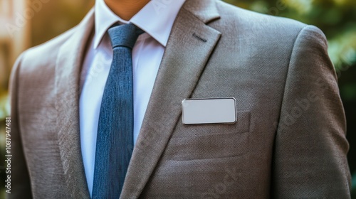Close-Up of a Man in Suit with Blank Name Tag