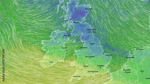 Wind Movement On The Map Of UK, Loop Video