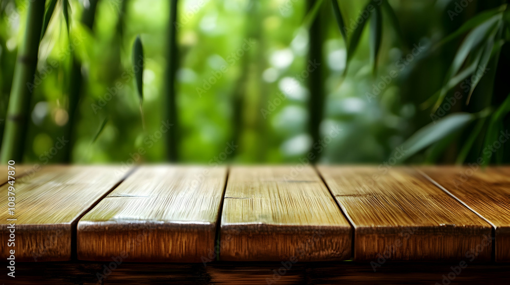A Close-Up View of a Wooden Tabletop with a Blurred Background of Lush Green Bamboo Forest, Presenting a Natural and Serene Ambiance A Close-Up View of a Wooden Tabletop with a Blurred Background of Lush Green Bamboo Forest, Presenting a Natural and Serene Ambiance
