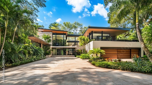 Elegant modern mansion exterior with lush landscaping and a beautiful driveway, showcasing luxury architecture and tropical surroundings.