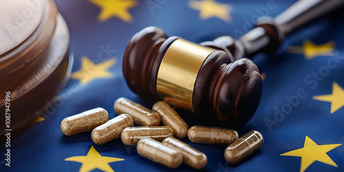 Legal Concept with Gavel and Pills on EU Flag, Healthcare and Regulation Depicted in European Context
