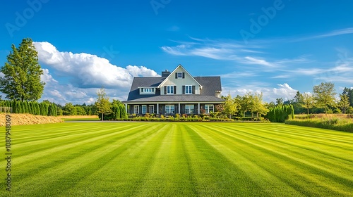 Expansive country house with a mowed lawn under a wide blue sky, capturing rural elegance.