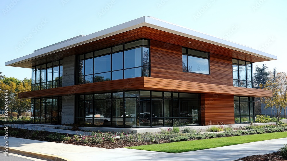 Modern office building with wood siding and large windows. Modern office building with wood siding and large windows.