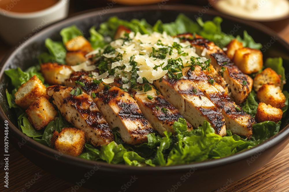 Fresh Caesar salad featuring grilled chicken, crisp greens, and homemade croutons served in a rustic bowl Fresh Caesar salad featuring grilled chicken, crisp greens, and homemade croutons served in a rustic bowl