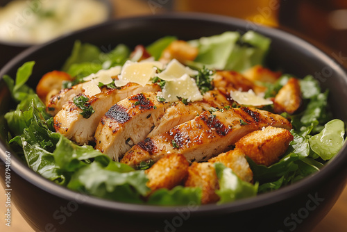 Fresh Caesar salad with crisp greens, grilled chicken, and crunchy croutons enjoyed at a casual dining spot