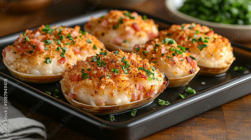 clams casino topped with breadcrumbs, bacon, and parmesan, offering a savory and indulgent dish perfect for seafood lovers and fine dining experiences clams casino topped with breadcrumbs, bacon, and parmesan, offering a savory and indulgent dish perfect for seafood lovers and fine dining experiences