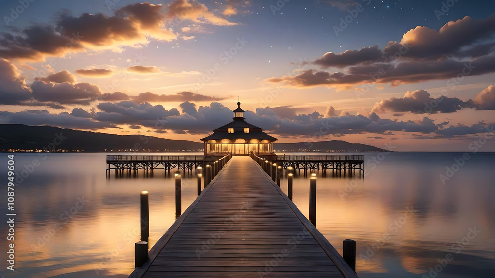 pier with deck at sunset with water views pier with deck at sunset with water views