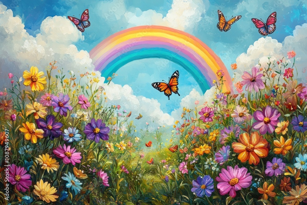 A vibrant rainbow arches over a field of wildflowers, with butterflies fluttering through the air. A vibrant rainbow arches over a field of wildflowers, with butterflies fluttering through the air.