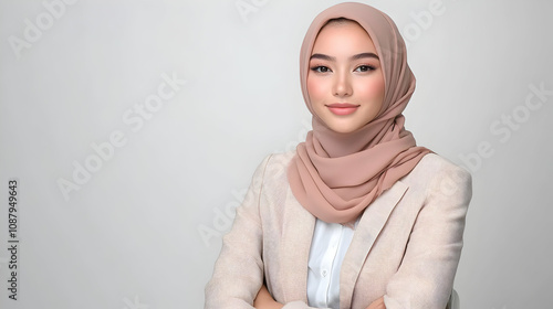 A Young Woman in a Beige Hijab and Blazer Smiles Confidently with Her Arms Crossed, Demonstrating a Professional and Empowered Look