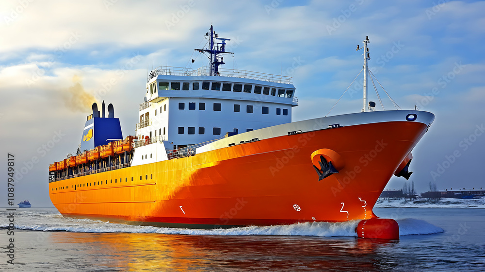 Fototapeta premium Orange Cargo Ship Sailing on Calm Waters Under a Cloudy Sky