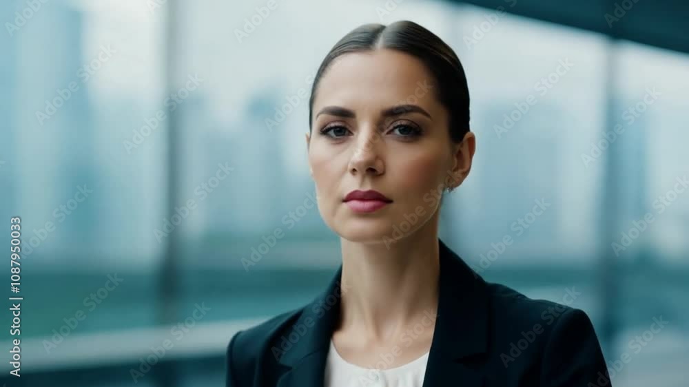 Confident woman in professional attire stands in modern office with city skyline in background Confident woman in professional attire stands in modern office with city skyline in background