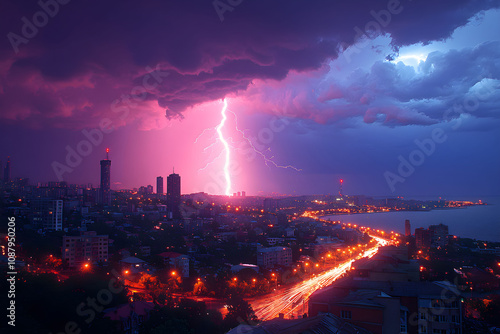 Pink thunderstorm lights up the skyline of a coastal city with vibrant lightning strikes at twilight