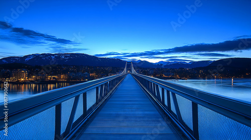 Wallpaper Mural A Pedestrian Bridge Extends Towards a City Skyline Bathed in Twilight's Blue Hues, With Snowy Mountain Peaks in the Background,  Presenting a Serene and Tranquil Atmosphere. Torontodigital.ca