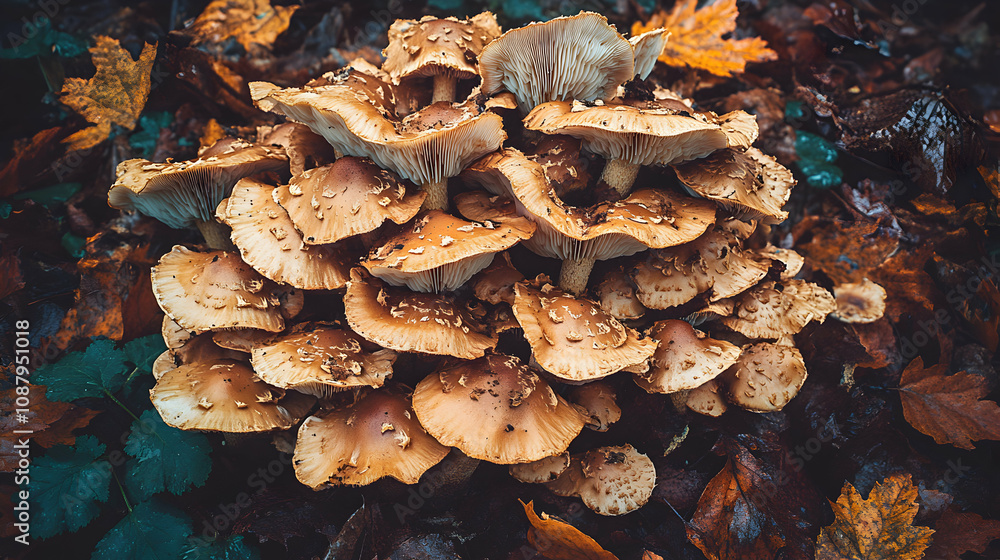 A Cluster of Brown Mushrooms Growing Amongst Autumn Leaves on the Forest Floor A Cluster of Brown Mushrooms Growing Amongst Autumn Leaves on the Forest Floor