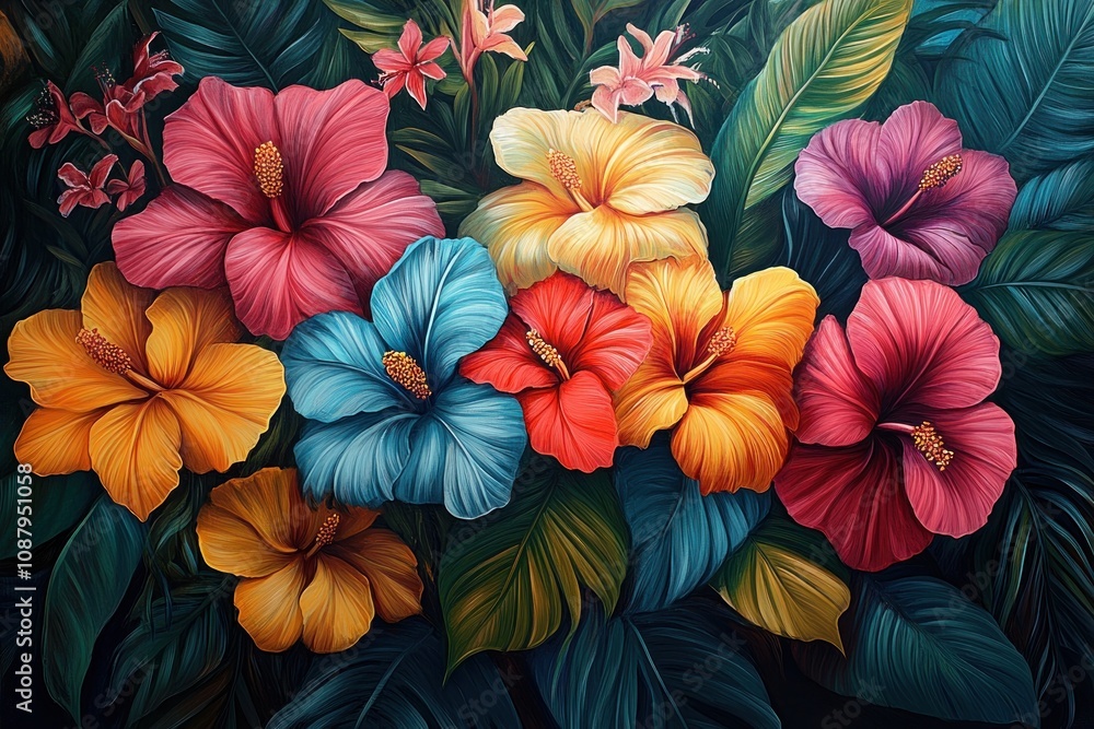 A vibrant bouquet of colorful hibiscus flowers against a backdrop of lush green foliage. A vibrant bouquet of colorful hibiscus flowers against a backdrop of lush green foliage.