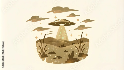 Vintage ufo scene with alien spaceship hovering over desert landscape photo