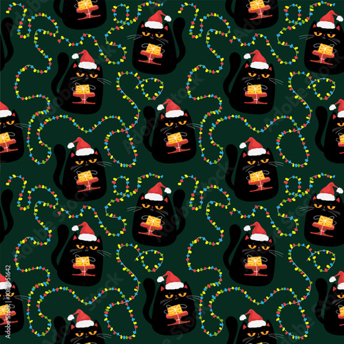 Christmas seamless pattern with cats and gift boxes. Hand drawn seamless background with cats