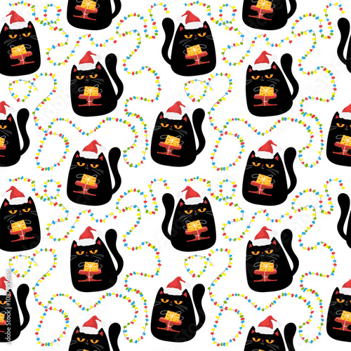 Christmas seamless pattern with cats and gift boxes. Hand drawn seamless background with cats
