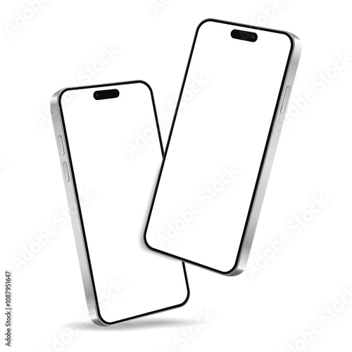 Two floating silver smart phone with blank screen