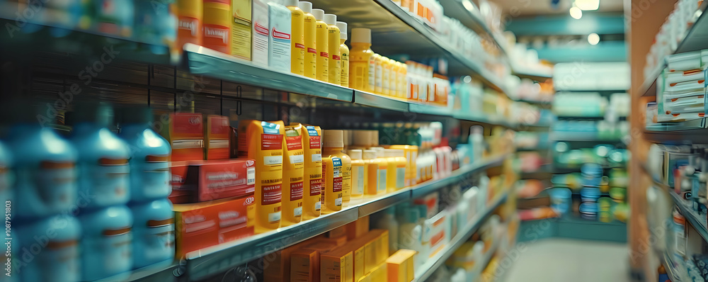 Aisles of medicine bottles and packages neatly arranged on shelves in a pharmacy store. Aisles of medicine bottles and packages neatly arranged on shelves in a pharmacy store.
