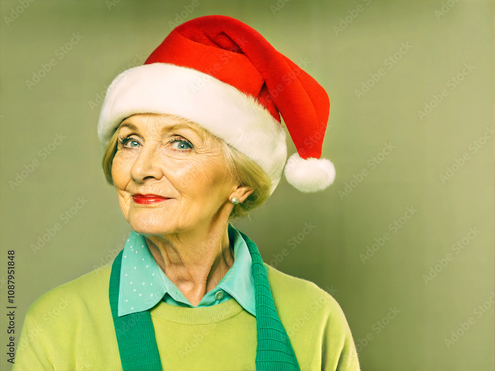 Portrait of elderly beautiful woman with red Santa Claus hat isolated on green background, festive people, Christmas template, copy space area