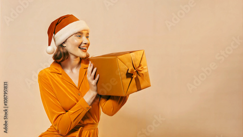 Obraz na płótnie Portrait of young beautiful woman with red Santa Claus hat holding gift isolated on clean background, festive people, Christmas template, copy space area w salonie