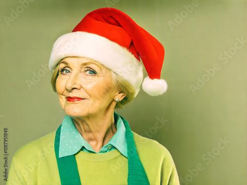 Obraz na płótnie Portrait of elderly beautiful woman with red Santa Claus hat isolated on green background, festive people, Christmas template, copy space area w salonie