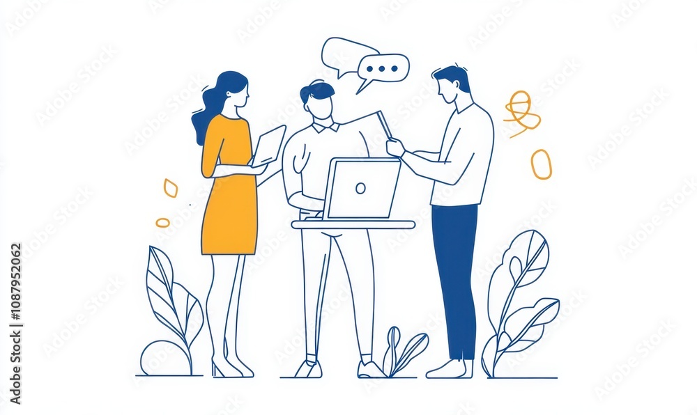 One-line drawing of three people in business attire standing around an open laptop, discussing and working together on a project or plan Generative AI One-line drawing of three people in business attire standing around an open laptop, discussing and working together on a project or plan Generative AI